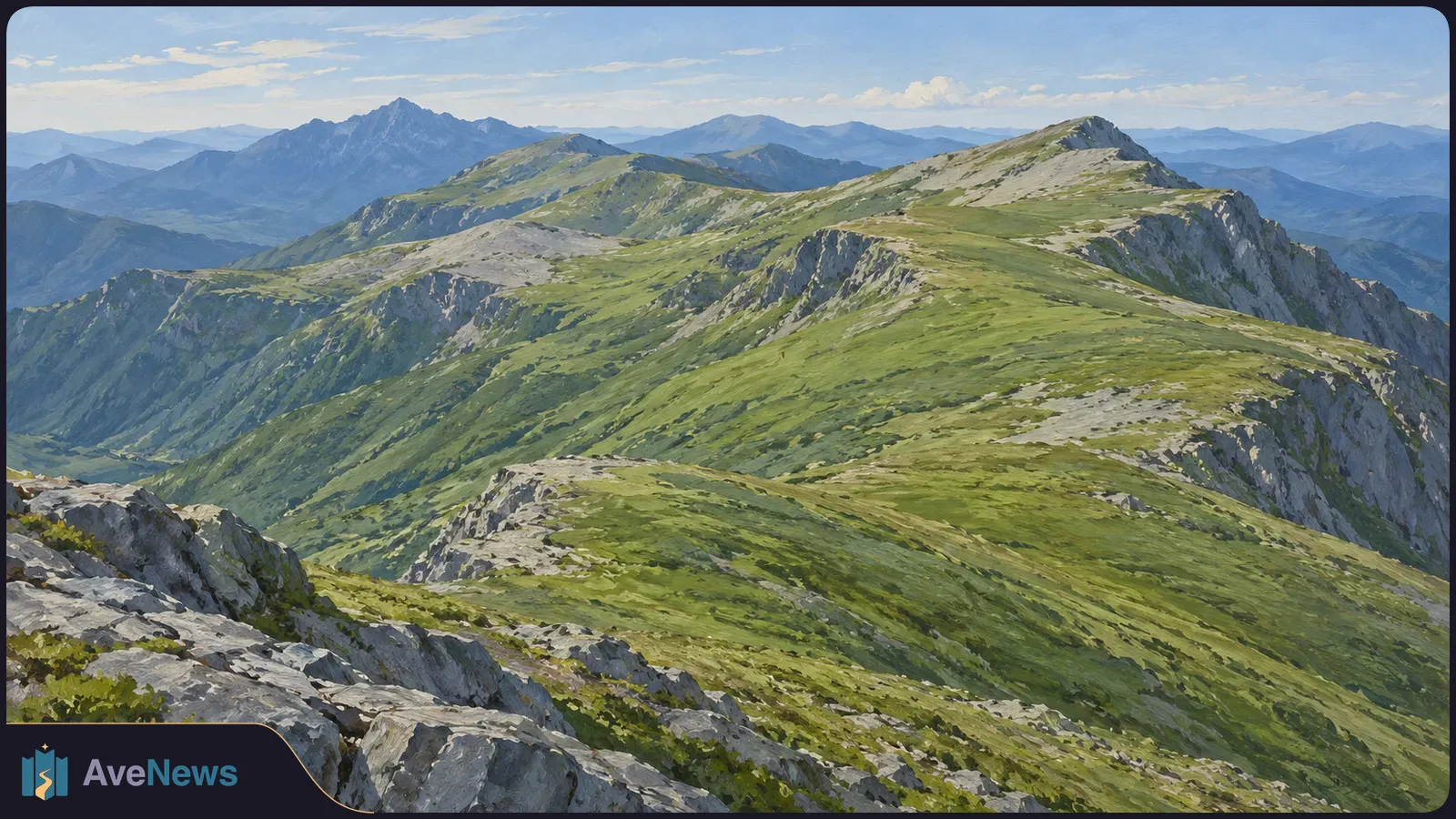 Illustrated mountain landscape with green alpine ridges, exposed gray rock and distant blue peaks beneath a partly cloudy sky. SI illustration