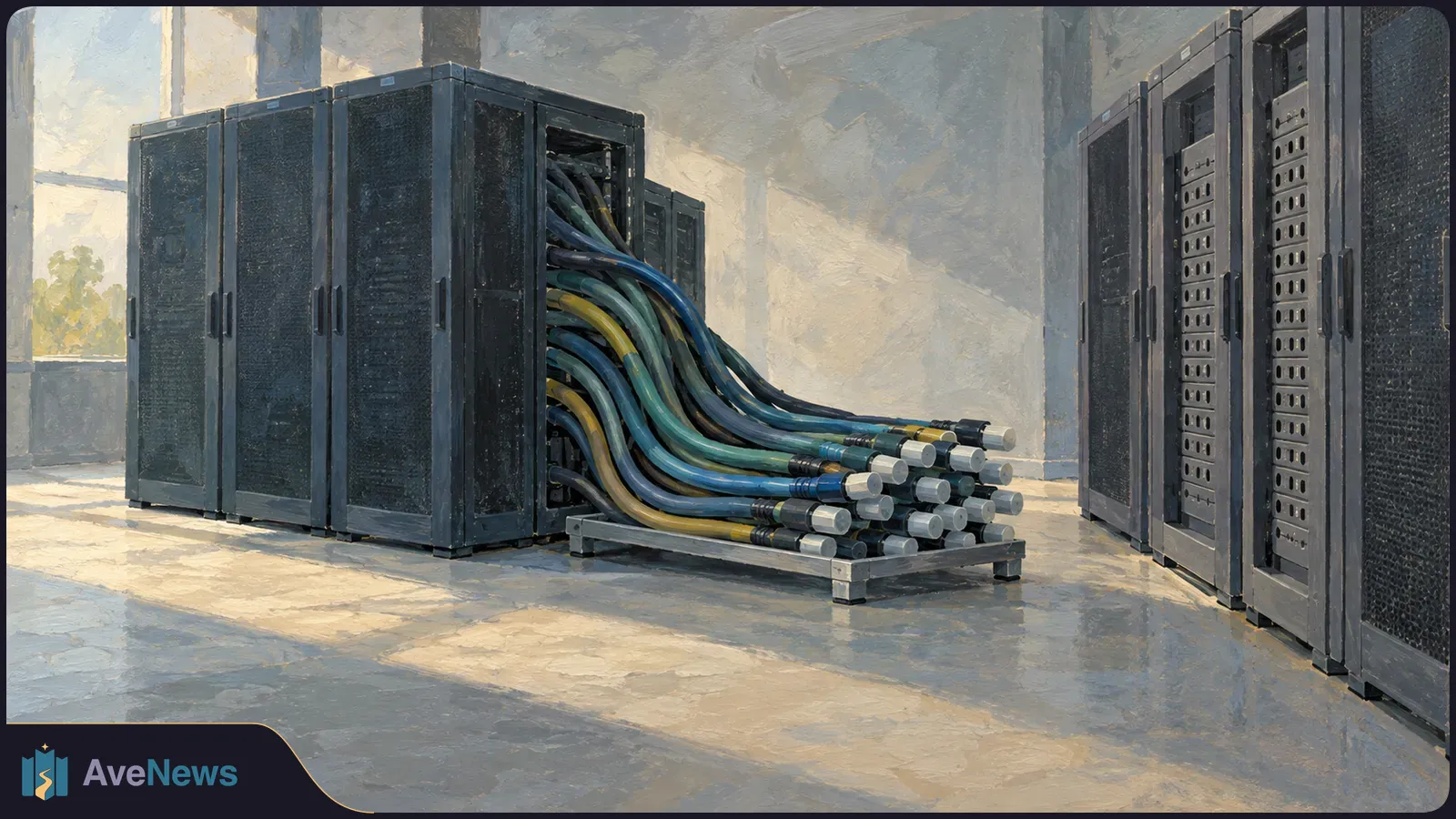 Painterly illustration of server racks in a bright room, with a bundle of thick cables extending from one rack and ending beside another. SI illustration