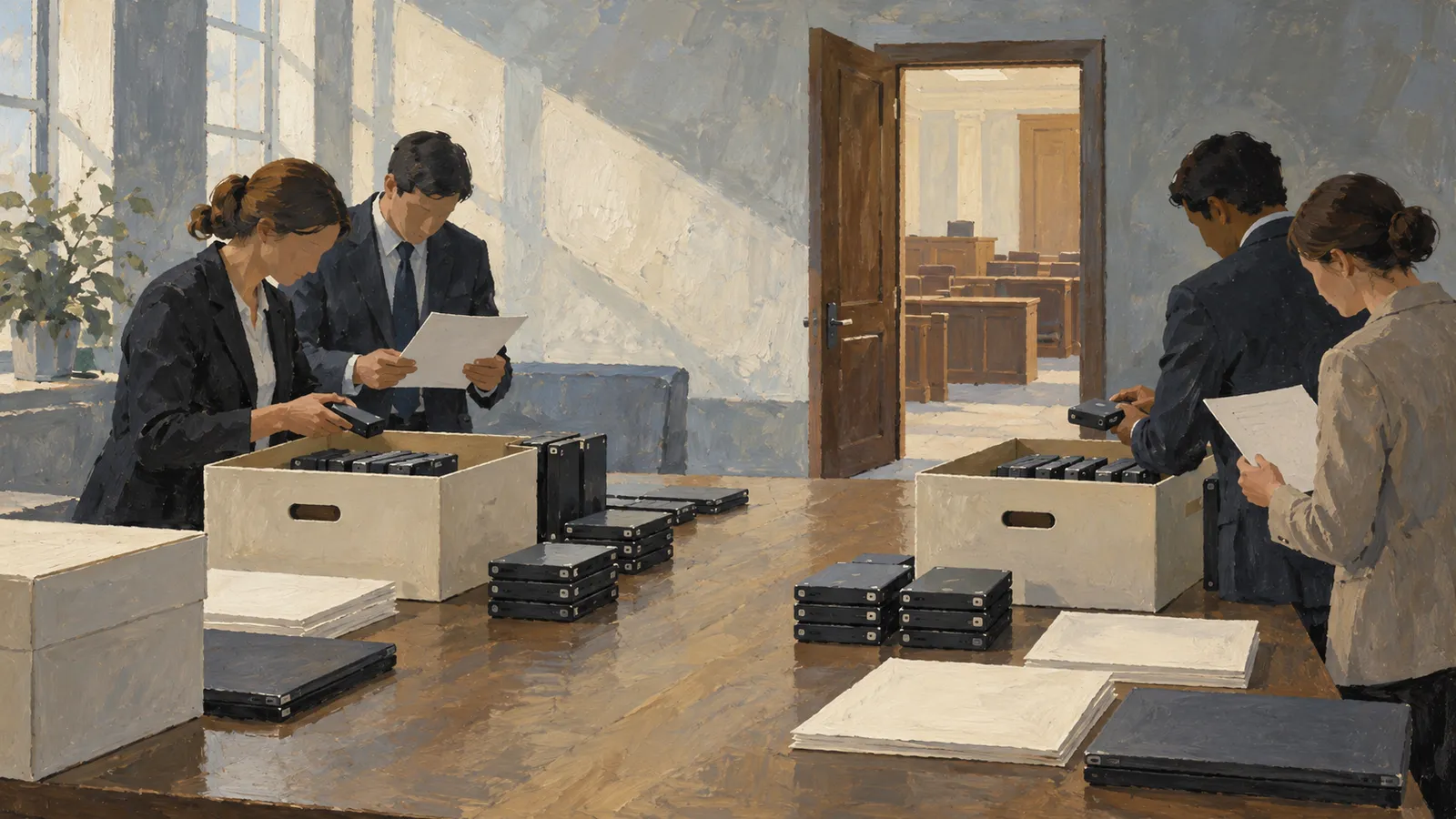Illustration of four people sorting papers and small black devices around a table, with boxes and closed laptops; an open door reveals a courtroom. SI illustration