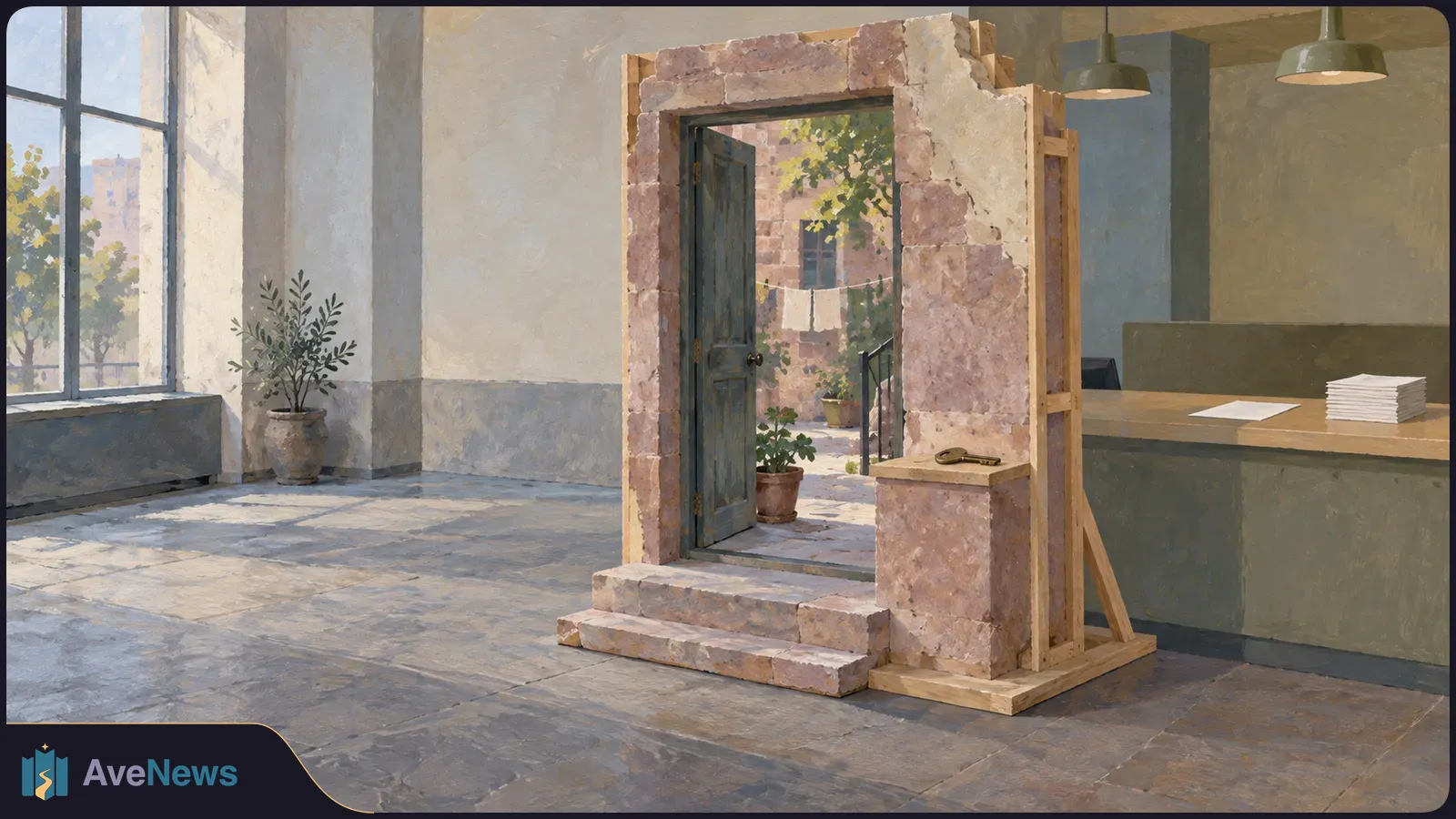 Painted scene of an open blue door set in a freestanding stone wall inside a spacious room, with steps leading toward a sunlit courtyard and a counter to the right. SI illustration
