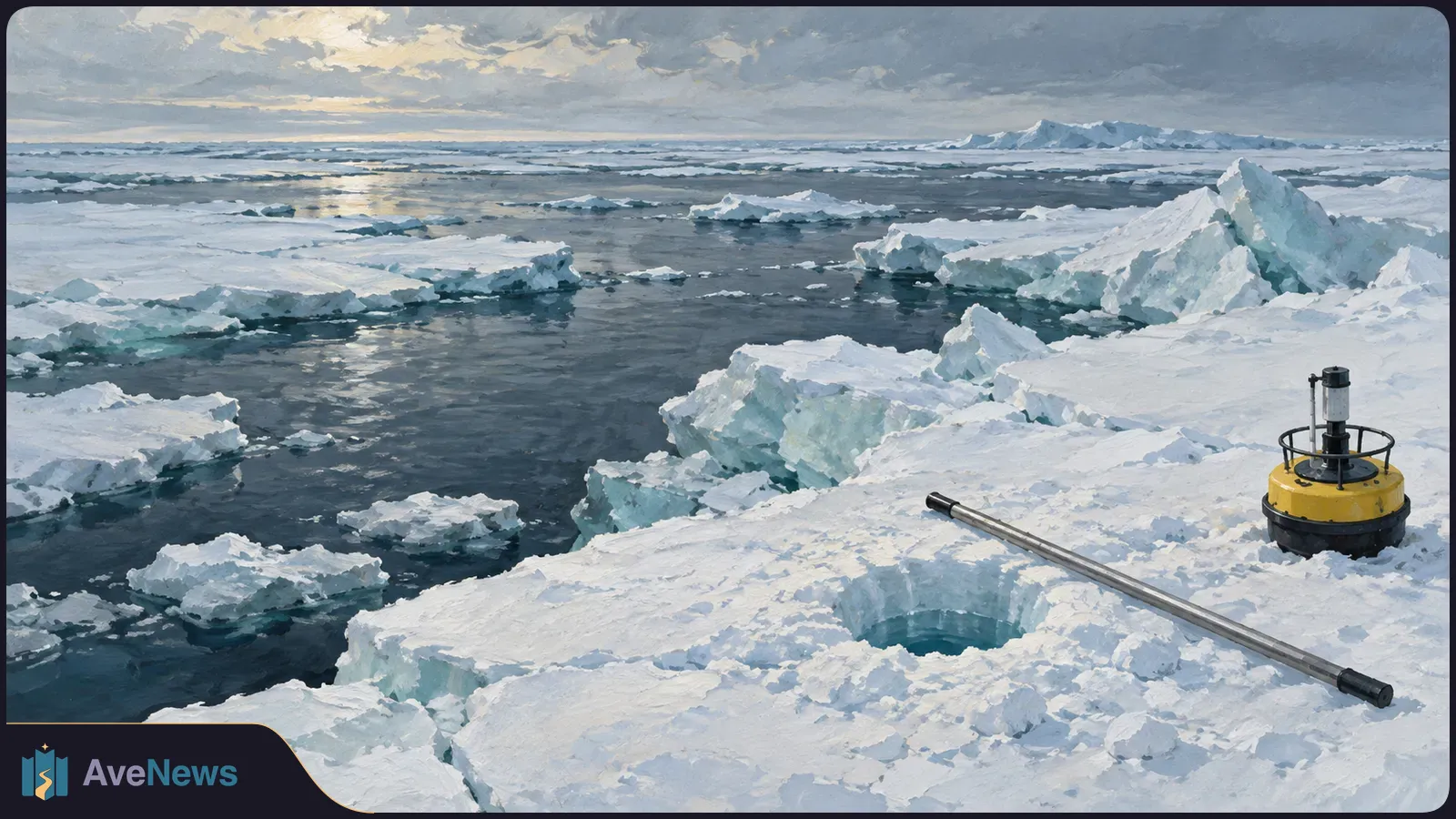 Painted polar seascape with broken sea ice and dark water. A round hole, long metal rod and yellow instrument sit on the foreground ice. SI illustration