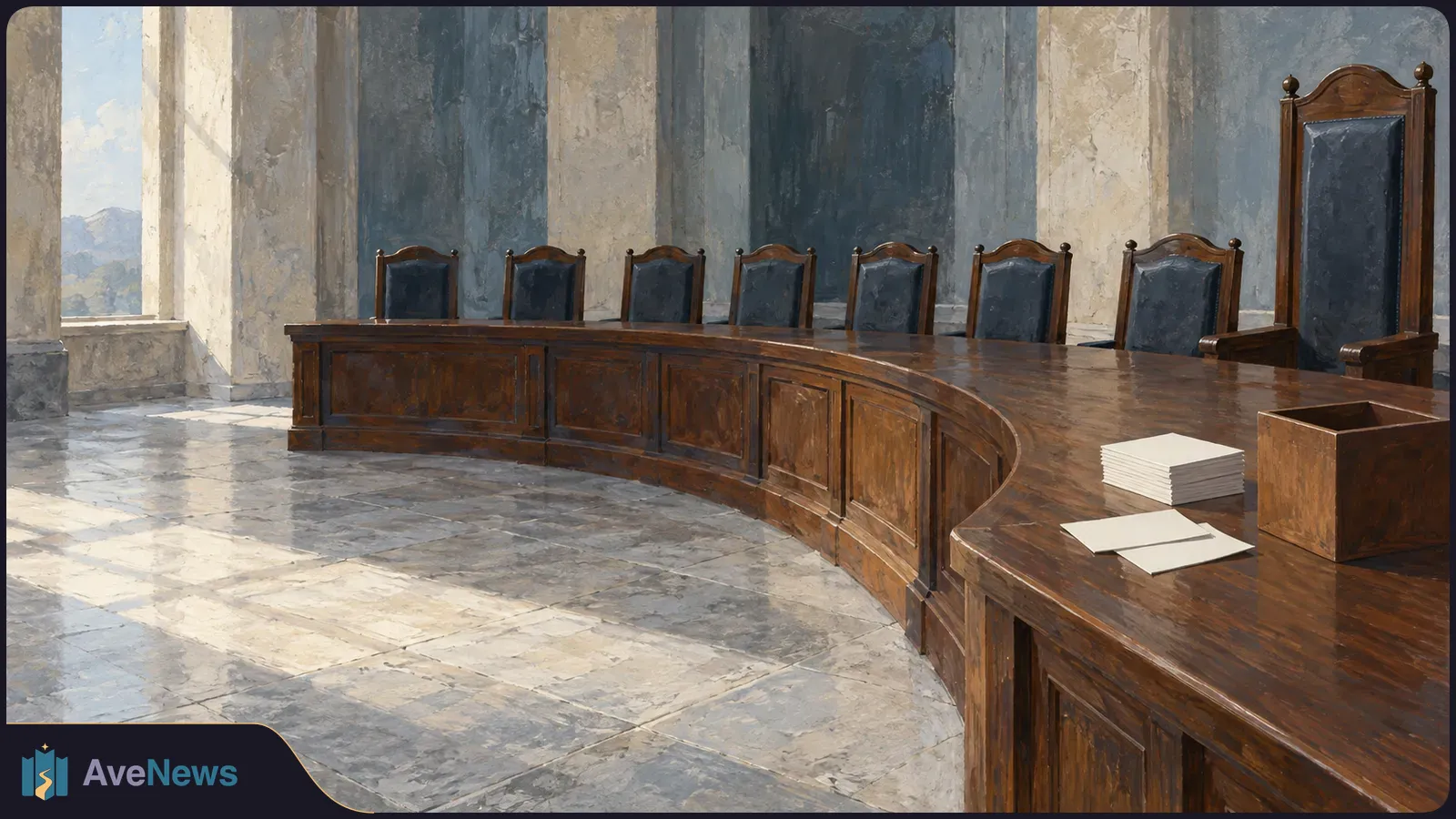 Painterly image of an empty room with a curved wooden bench, a row of dark chairs, one taller chair, and blank papers on the desk. SI illustration