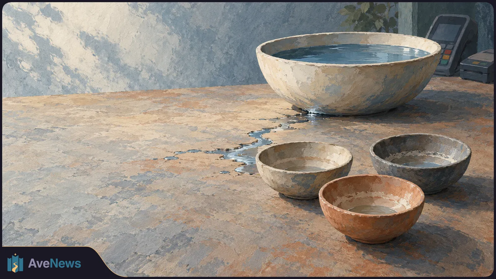 Painterly illustration of a large water-filled bowl and three smaller bowls on a stone counter. Water trails across the surface; a payment terminal and another device sit behind them. SI illustration