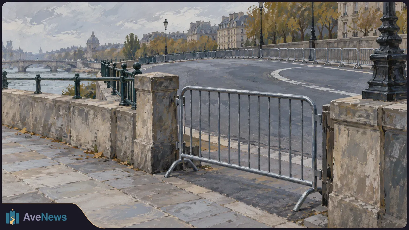 Painterly view of an empty riverside road lined with metal barriers, with a stone walkway, bridge, autumn trees and buildings beyond. SI illustration