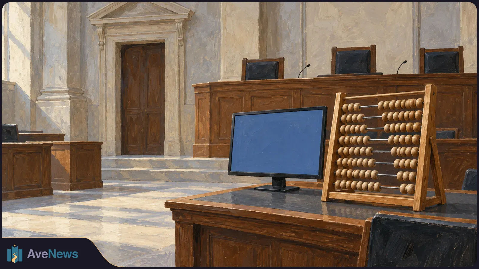 Painted courtroom with an empty judges’ bench; a blank blue monitor and a wooden abacus sit on a desk in the foreground. SI illustration