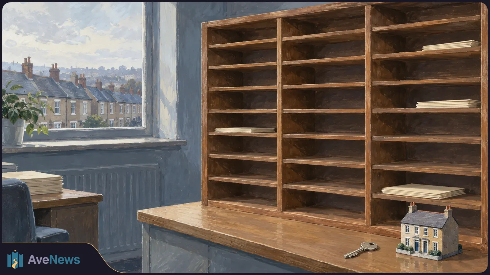 A painted room has mostly empty wooden shelves with a few stacks of paper. A small model house and a key sit on the counter, with rows of houses visible through the window. SI illustration