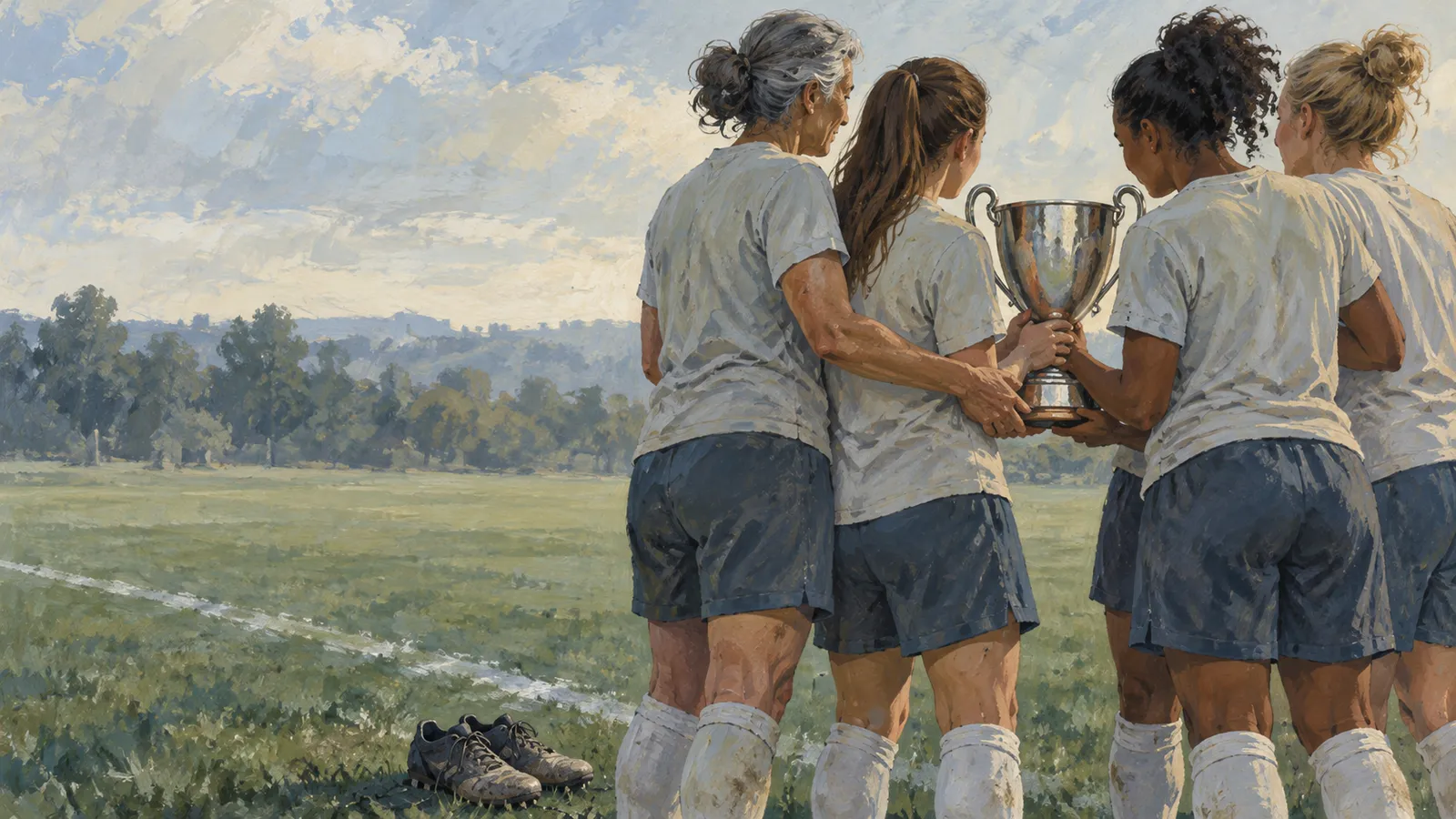 A painted scene of women in football kits gathered around a silver trophy on a grassy field, with a pair of boots nearby. SI illustration