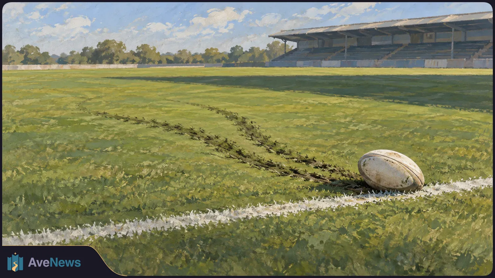 Painted scene of a worn rugby ball beside a white line on an empty grassy field, with a covered stand and trees in the background. SI illustration