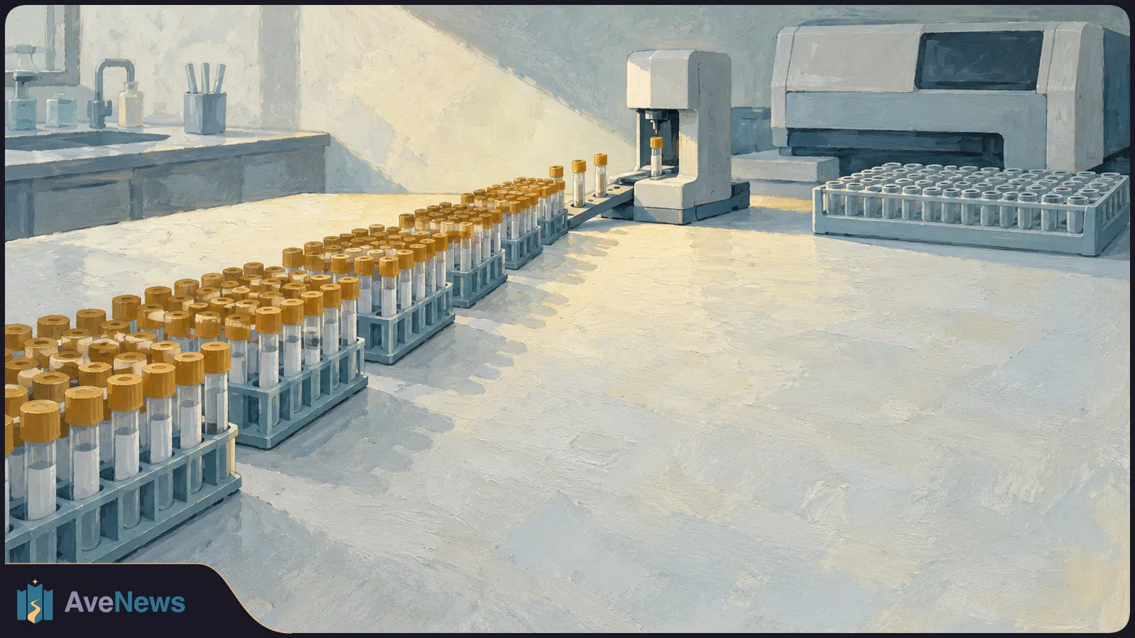 Illustration of rows of gold-capped sample tubes in racks on a laboratory counter, with testing machines and another tube rack behind them. SI illustration