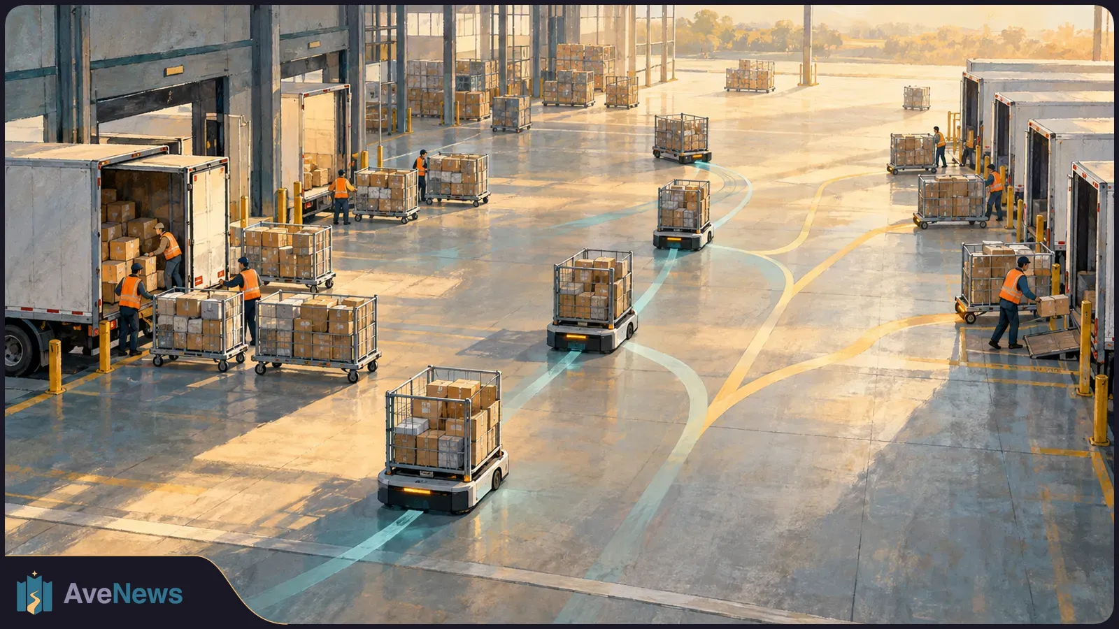 Illustration of warehouse workers loading boxed carts beside trucks while small robots carry other carts along colored routes across a loading floor. SI illustration