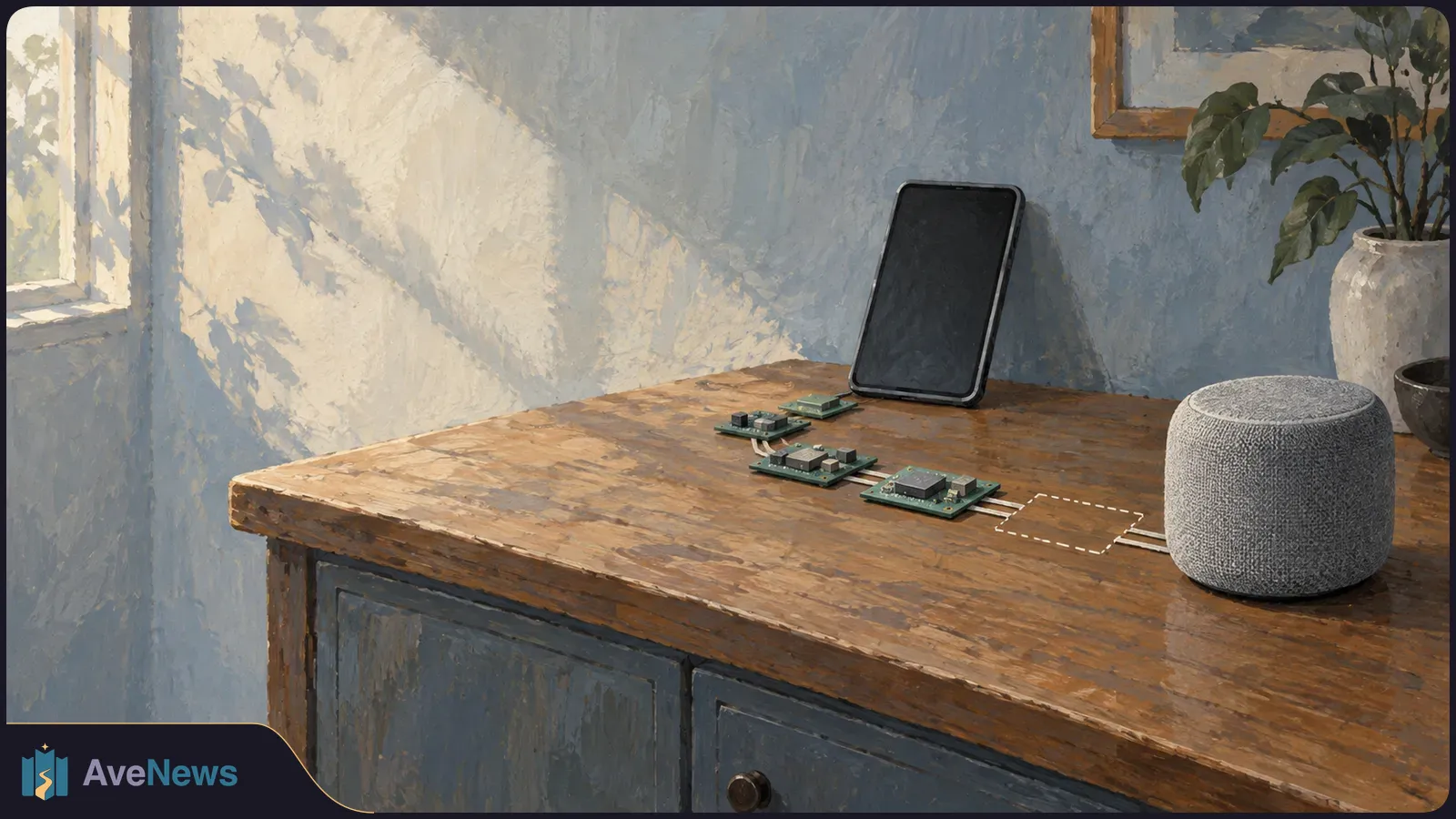 Painted scene of a gray fabric smart speaker on a wooden cabinet, with a blank tablet and small circuit boards linked by white lines and an empty dashed outline. SI illustration