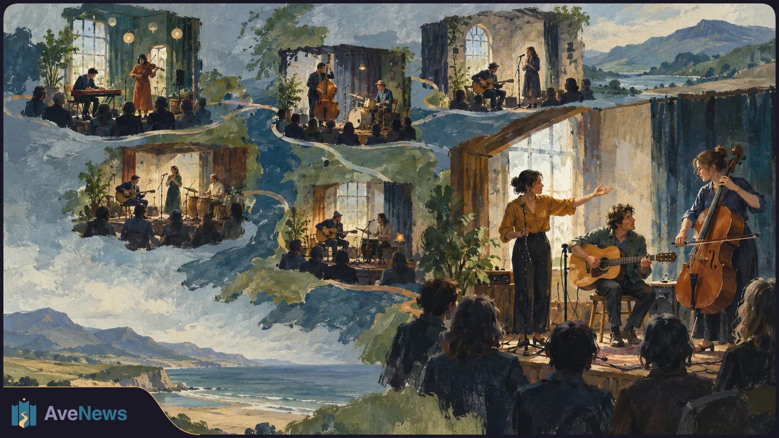 Painterly collage of small live music stages with singers and instrumentalists before seated audiences, set among hills, trees and a coastline. SI illustration