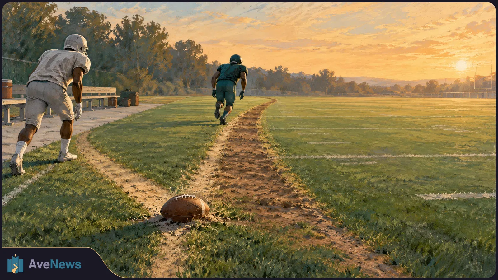 Painted scene of two helmeted football players running across a field at sunset, with a football on the grass in the foreground. SI illustration
