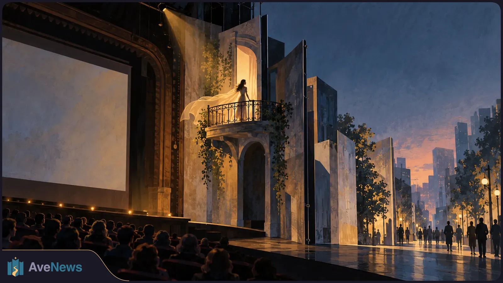 Painted theatre scene: a woman in a pale dress stands on a lit balcony above the stage, with a seated audience at left and pedestrians on a city street at right. SI illustration