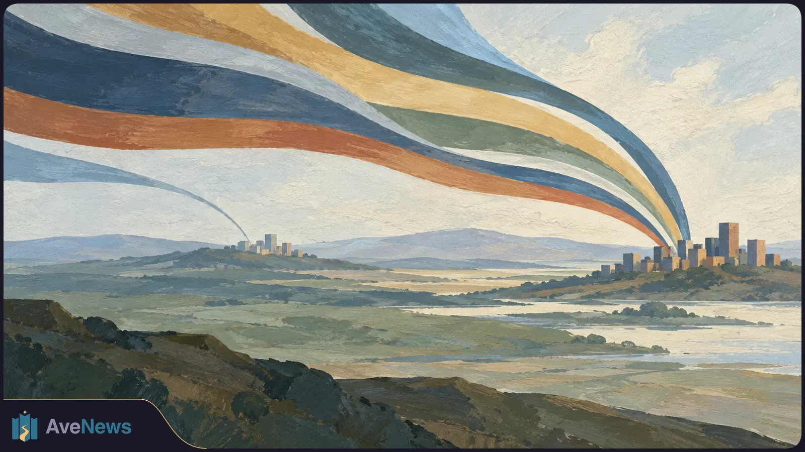 Painted landscape with two distant city skylines, waterways and hills; broad blue, ochre, green and rust bands sweep across the sky toward the larger city. SI illustration