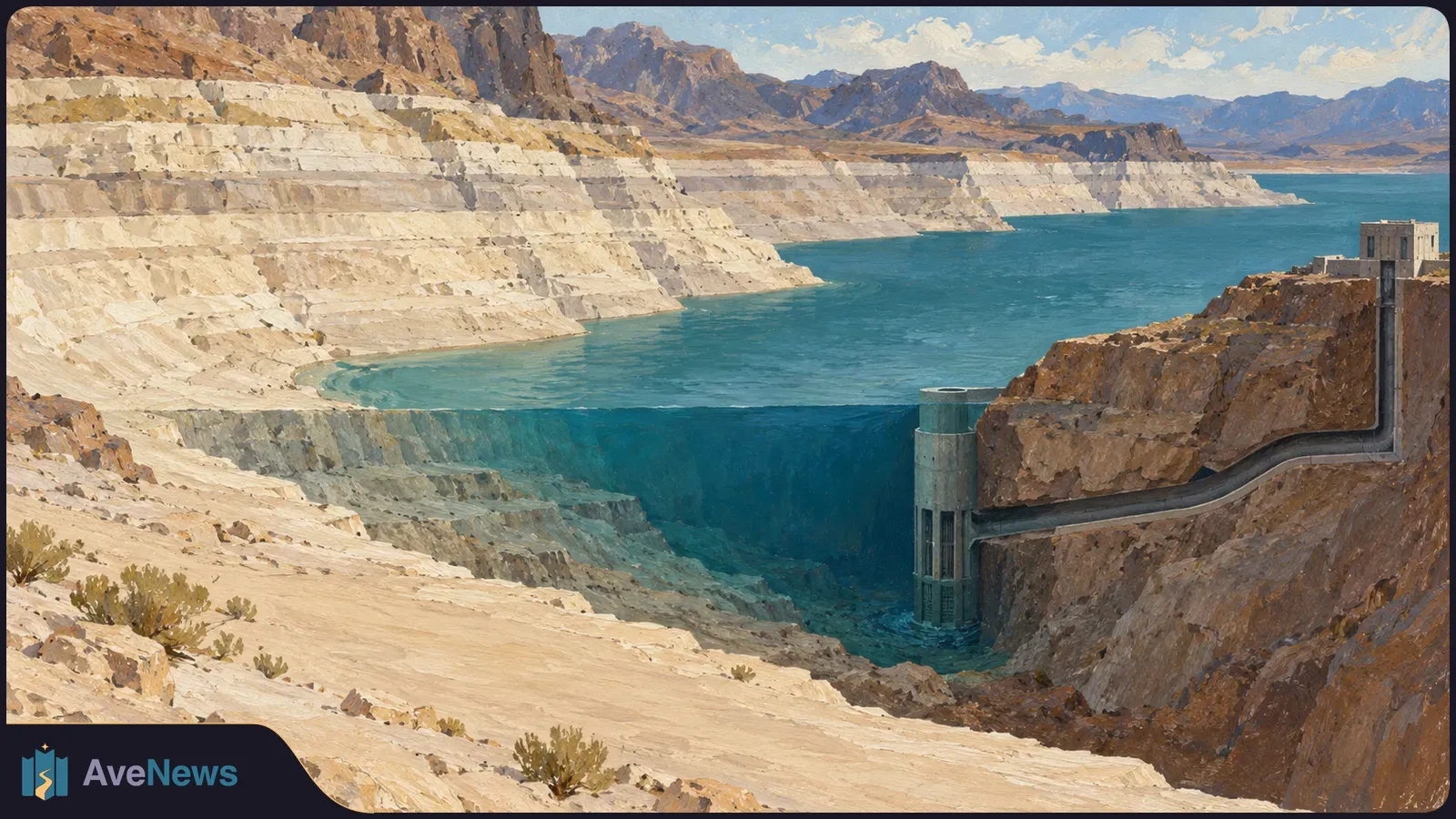 Painterly cutaway of a low blue reservoir bordered by broad pale shorelines, with a deep intake tower and pipe built into a rocky slope. SI illustration