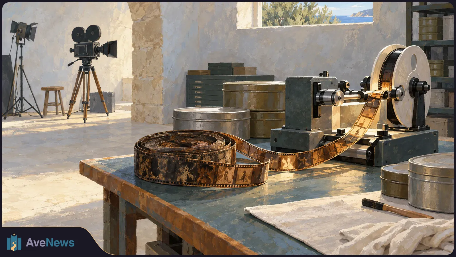 A painted film workshop with a strip of film running between reels on a worktable, film canisters and a brush nearby, and a vintage movie camera on a tripod behind it. SI illustration