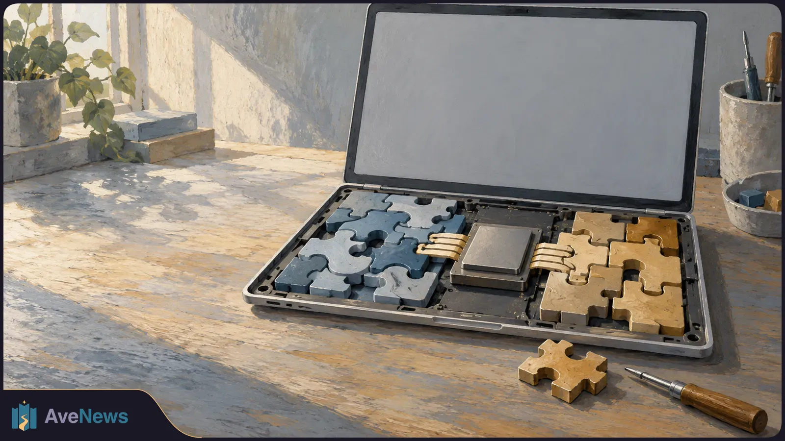 Painted illustration of an open laptop with a blank screen and a keyboard made of blue and tan puzzle pieces linked to a central chip. A loose piece and screwdriver rest on the desk. SI illustration