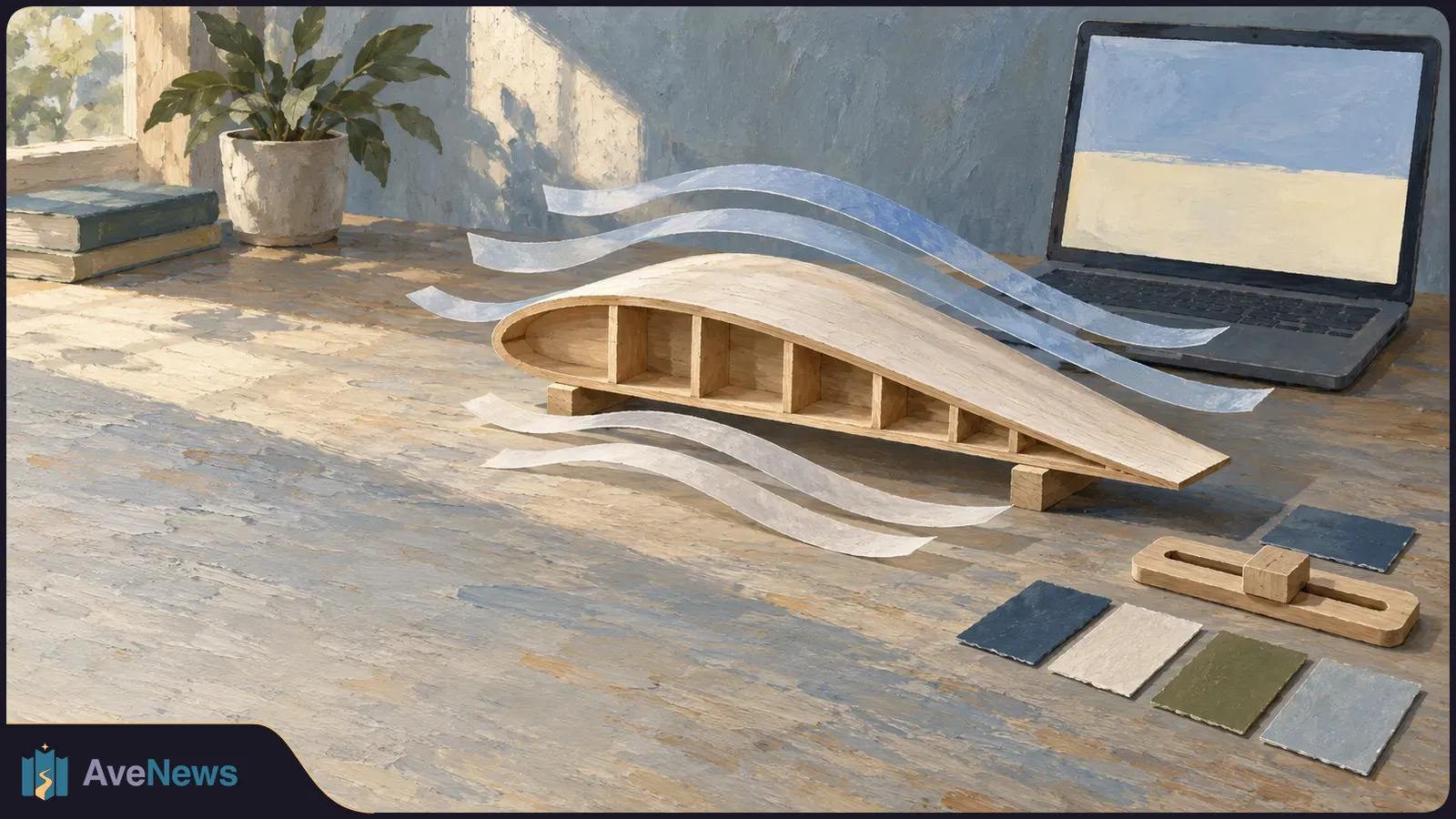 Painted illustration of a wooden airplane-wing model with translucent ribbons flowing around it on a desk, beside a laptop with a blank two-tone screen and material samples. SI illustration