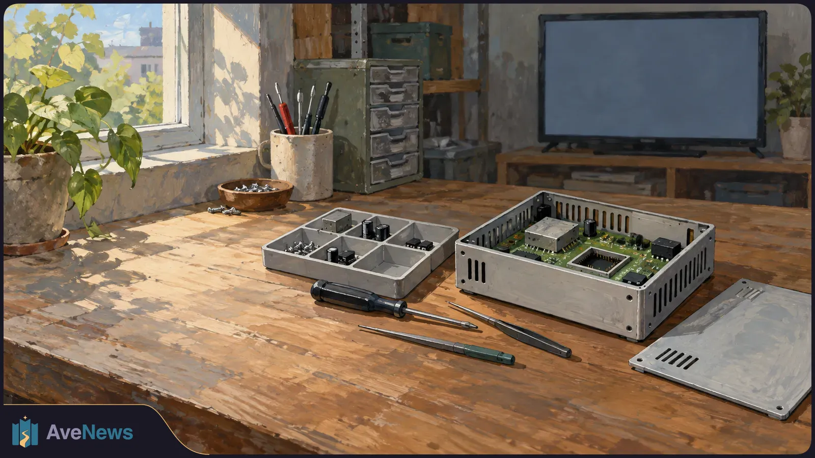 An illustrated workbench holds an open electronic box, its circuit board exposed, with screwdrivers, loose parts and a blank television nearby. SI illustration