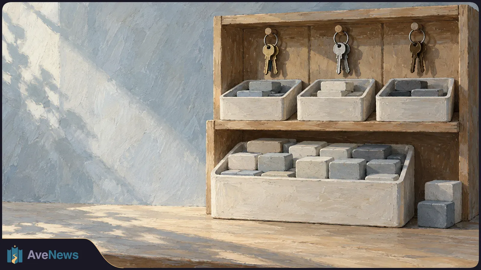 Painterly wooden shelf with three small trays beneath hanging keys and one large tray below, all holding gray rectangular blocks. SI illustration
