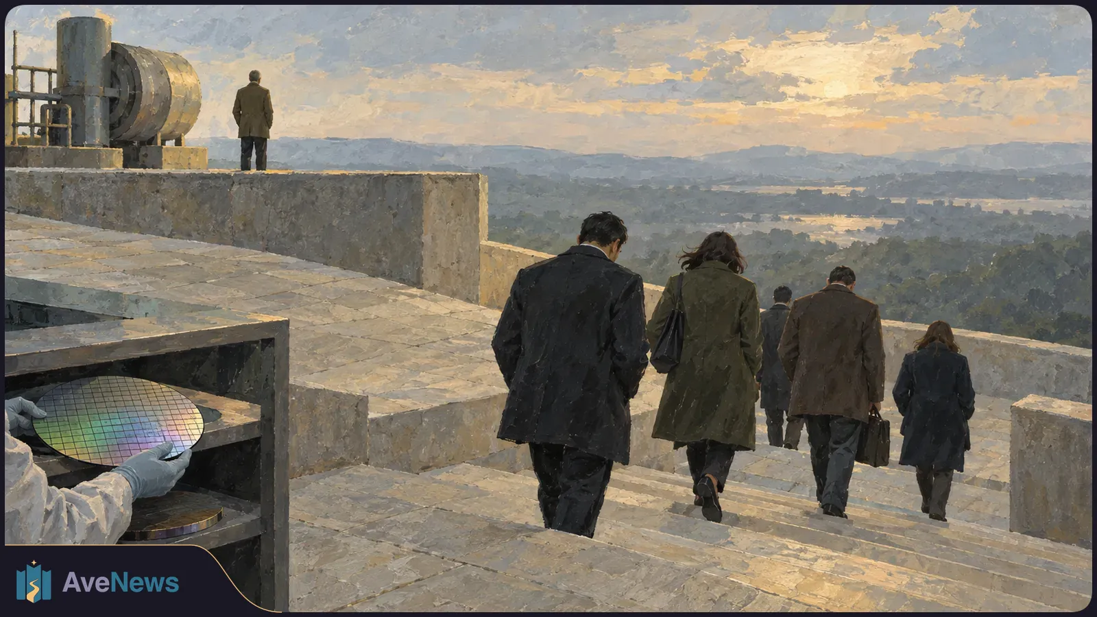 Painterly scene of several people in dark coats descending broad stone steps at sunset; gloved hands hold a rainbow-colored silicon wafer beside a metal shelf. SI illustration