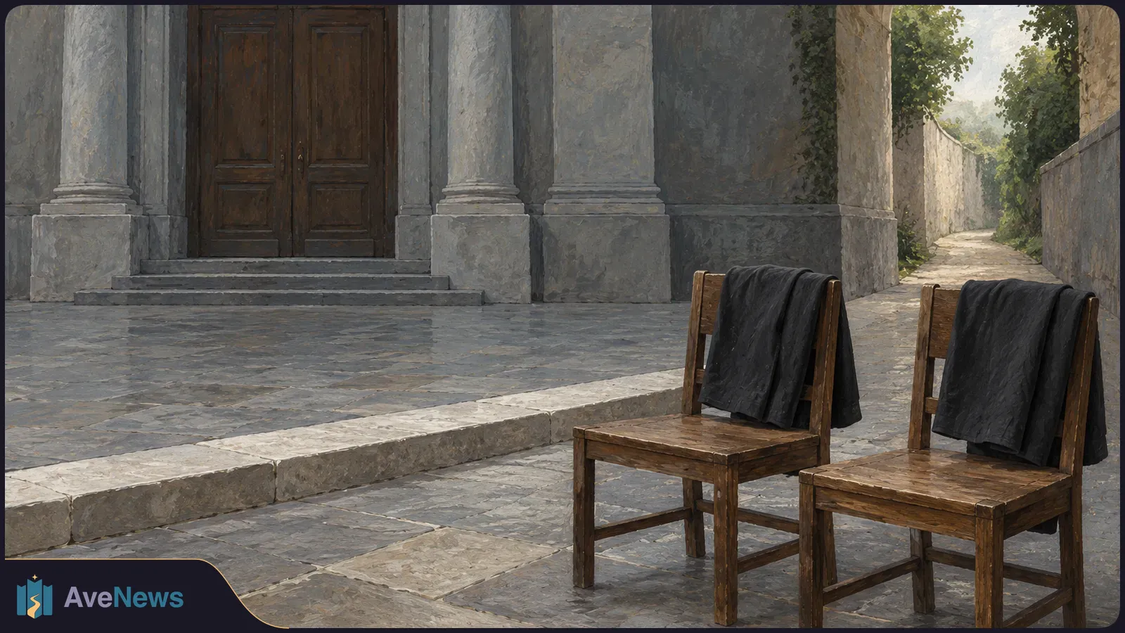 Illustration of two wooden chairs draped with dark cloth on a stone-paved courtyard, beside a columned building with closed wooden doors. SI illustration