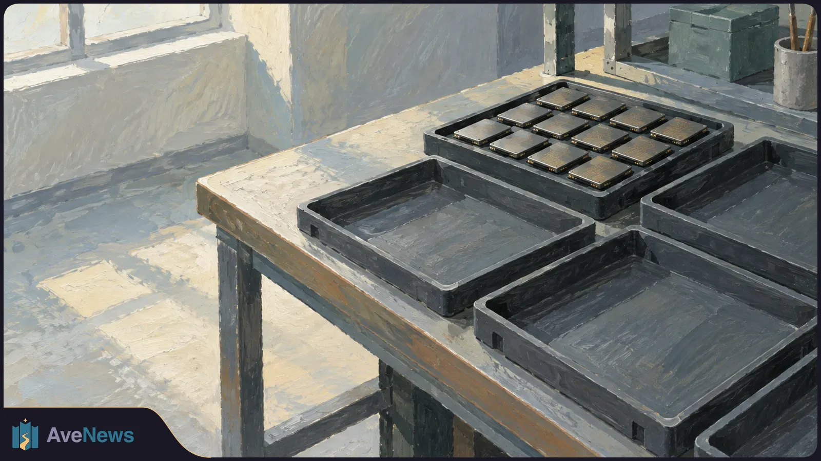 Painted illustration of dark microchips arranged in a tray on a sunlit workbench, with empty trays beside them. SI illustration