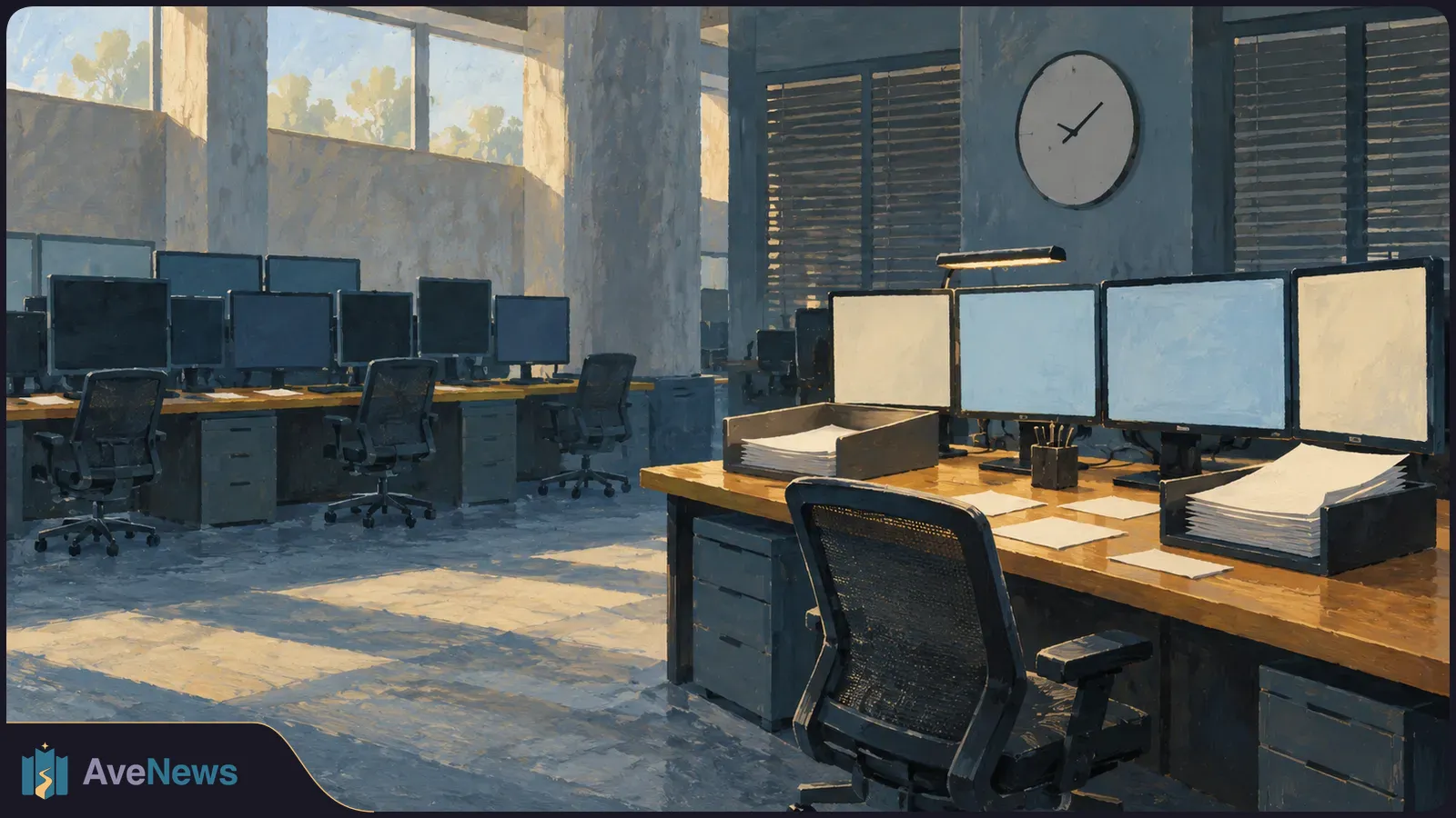 Painted, sunlit office with rows of monitors and chairs. A foreground desk holds blank screens, paper trays and loose sheets beneath a wall clock. SI illustration