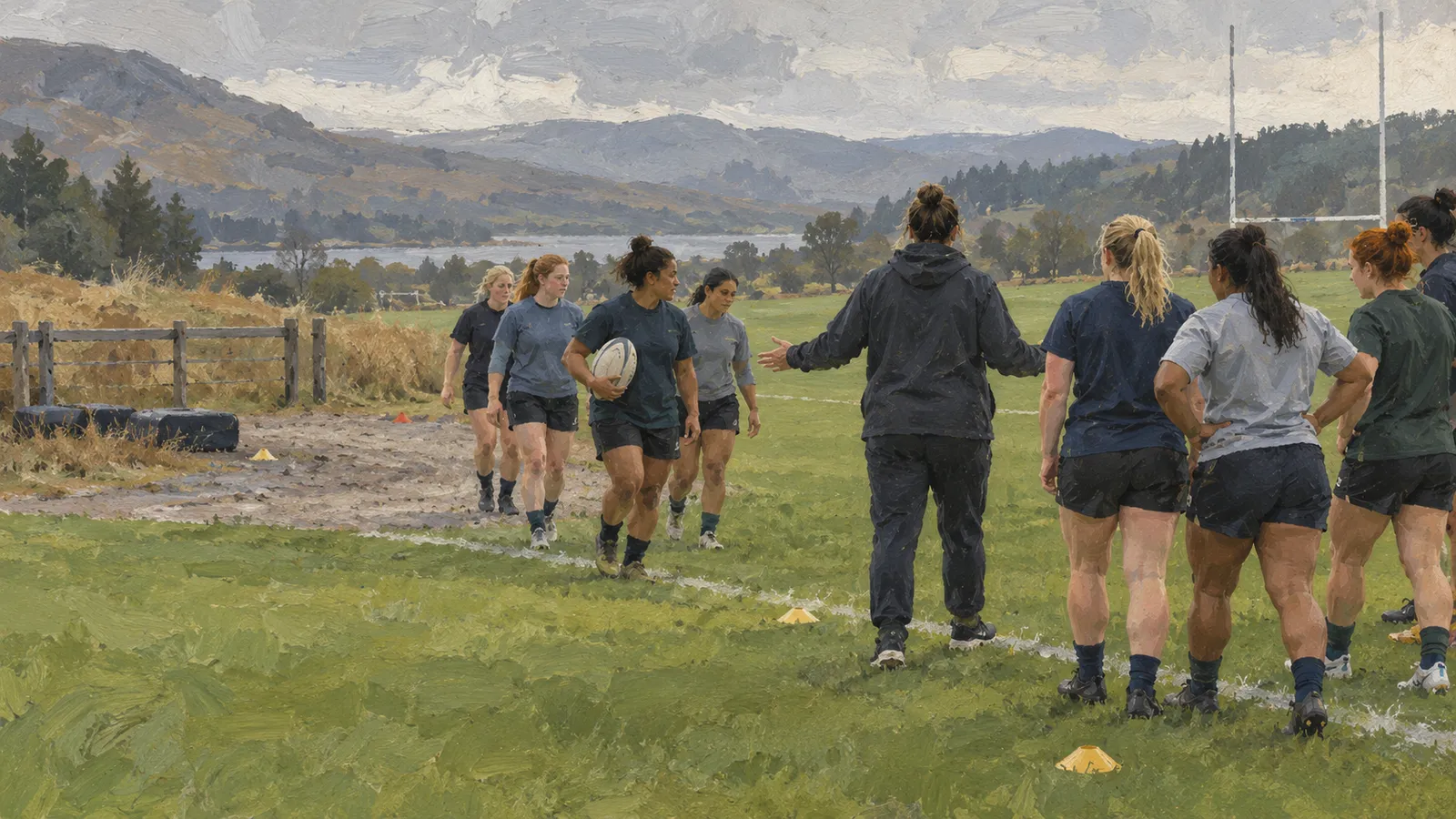 A painted scene of women on a rugby field, one carrying a ball, as a figure gestures to the group. Goalposts, hills and water are visible in the background. SI illustration