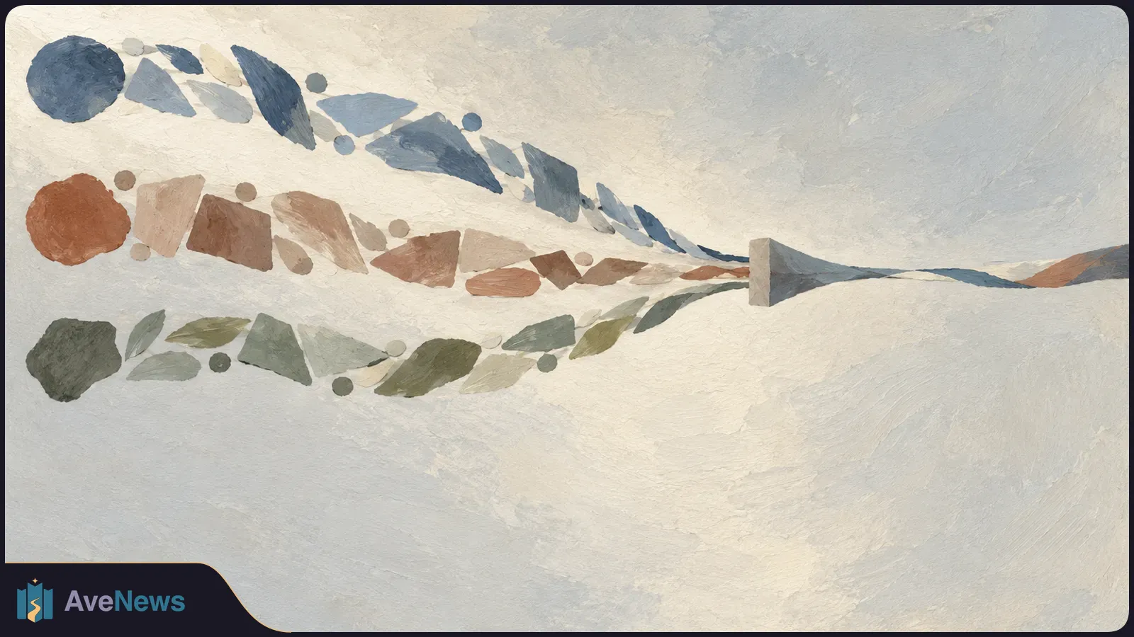 Painted rows of blue, rust and green geometric shapes narrow toward a gray wedge, then stretch into thin bands across a pale textured background. SI illustration