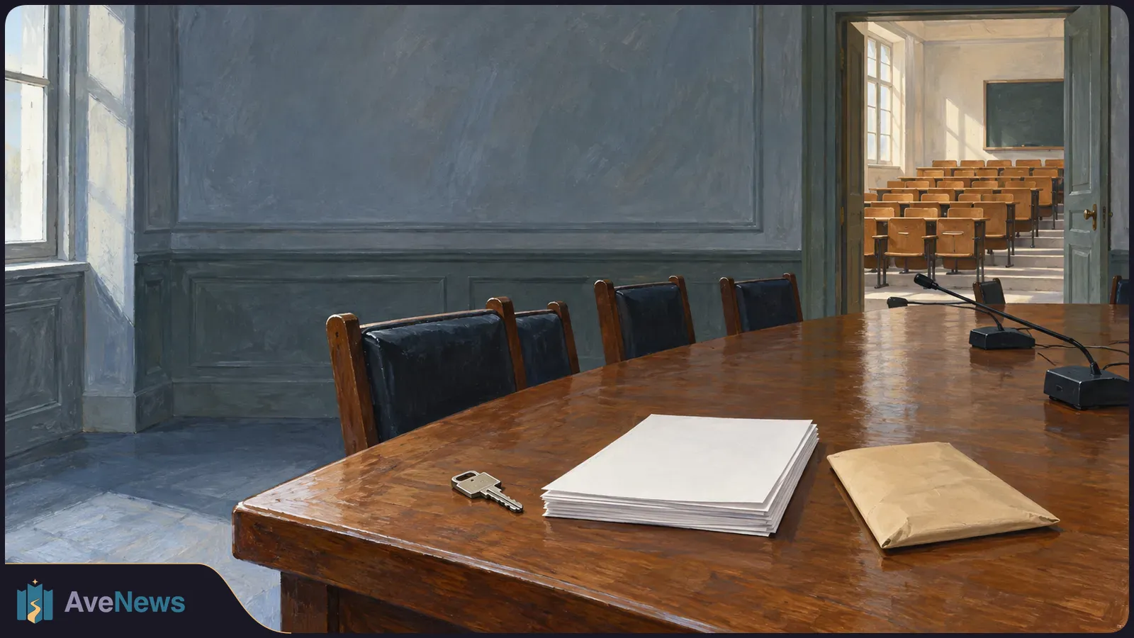 Painted empty meeting room with a wooden table, microphones, a key, blank papers and an envelope; rows of classroom seats are visible through an open doorway. SI illustration