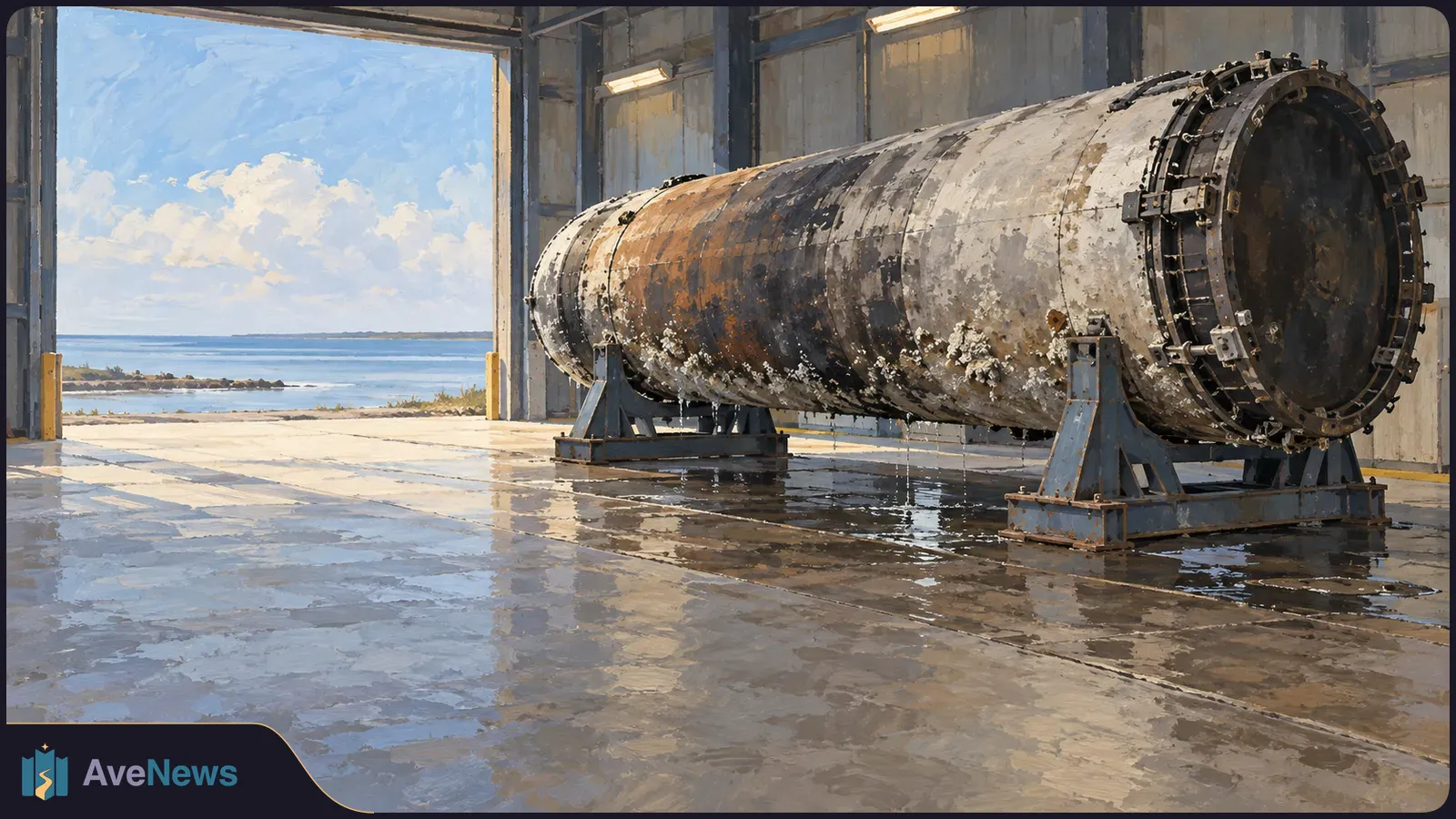 A large, weathered metal cylinder rests on supports inside a hangar with a wet floor. Calm water and a cloudy sky are visible through the open bay. SI illustration