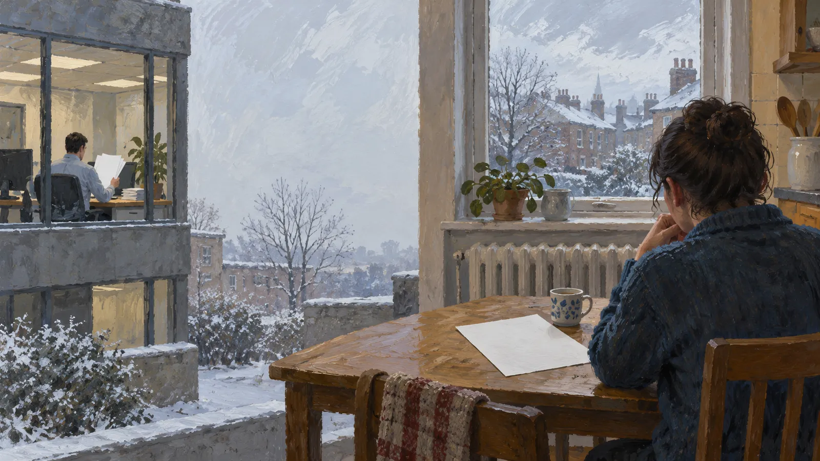A painted winter scene shows a woman at a table with a mug and a blank sheet of paper; across the snowy courtyard, a person sits with papers in an office. SI illustration