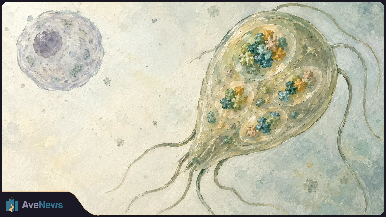 Watercolor illustration of a pale round cell beside a larger teardrop-shaped, thread-tailed form with colored clusters inside. SI illustration