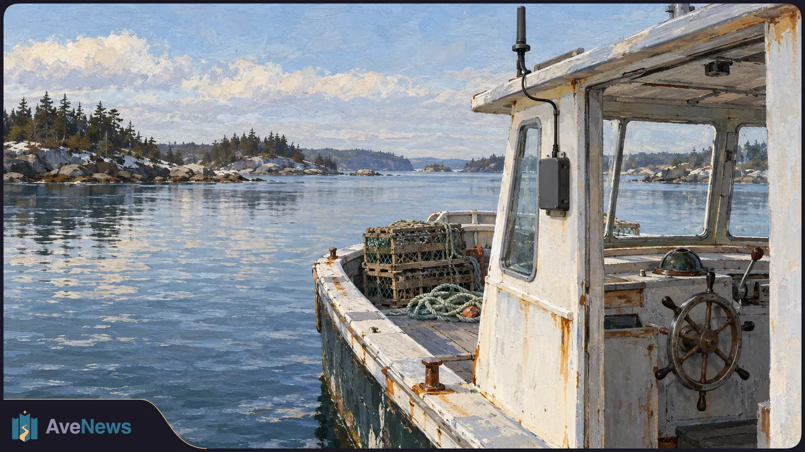 A painted view of a weathered fishing boat with lobster traps, rope, and a box and antenna on the cabin, beside calm water and rocky, tree-covered islands. SI illustration