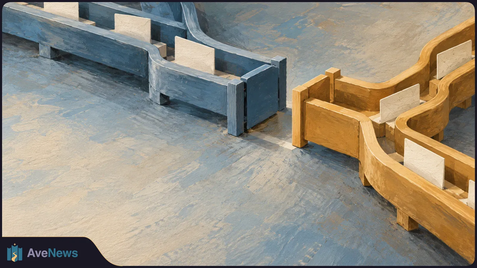 Painterly view of blue and golden wooden partitions with blank white panels facing each other across a gray floor. SI illustration