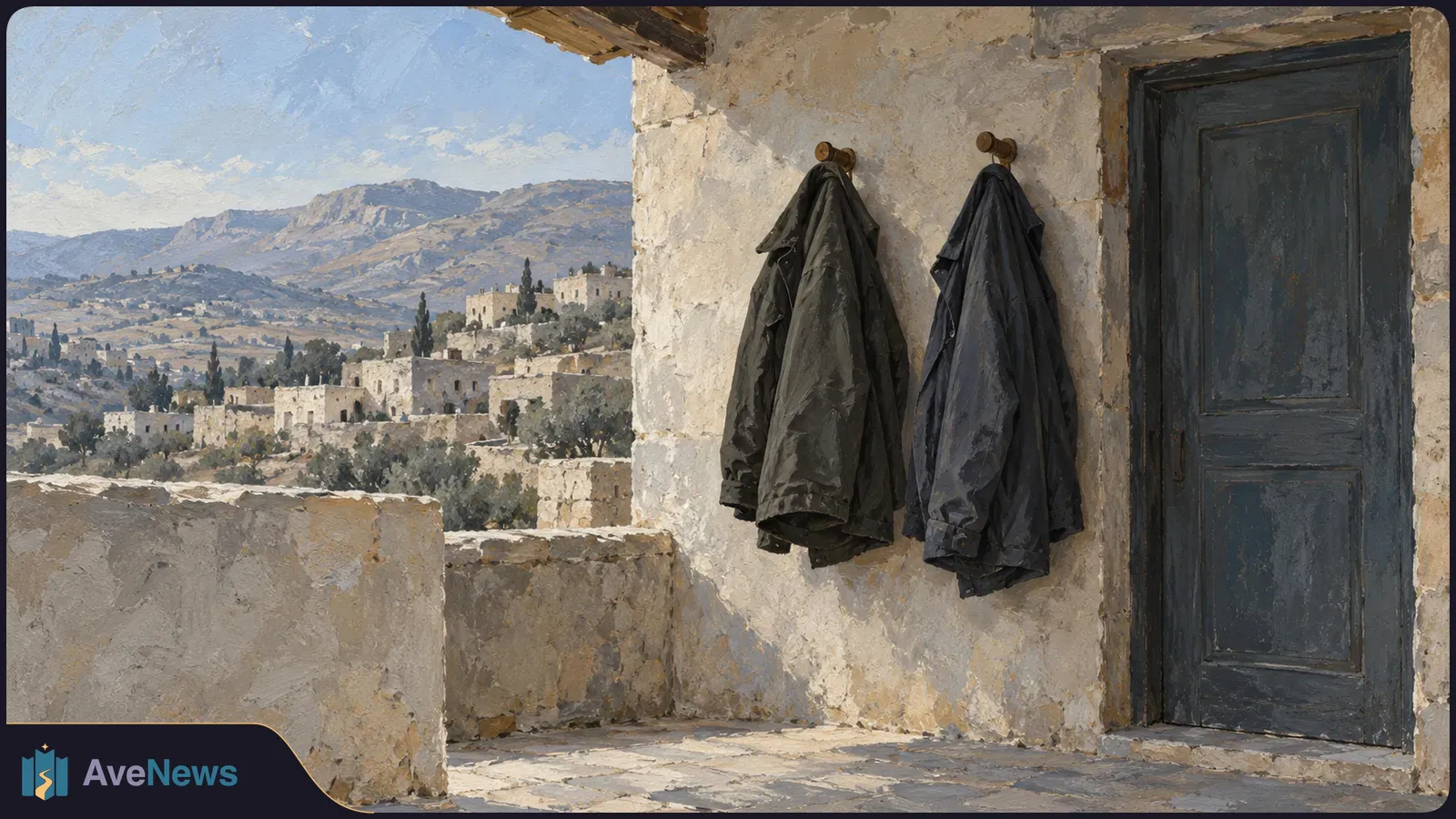 Painting of two dark coats hanging beside a closed door on a stone terrace, with a hillside village and mountains beyond. SI illustration