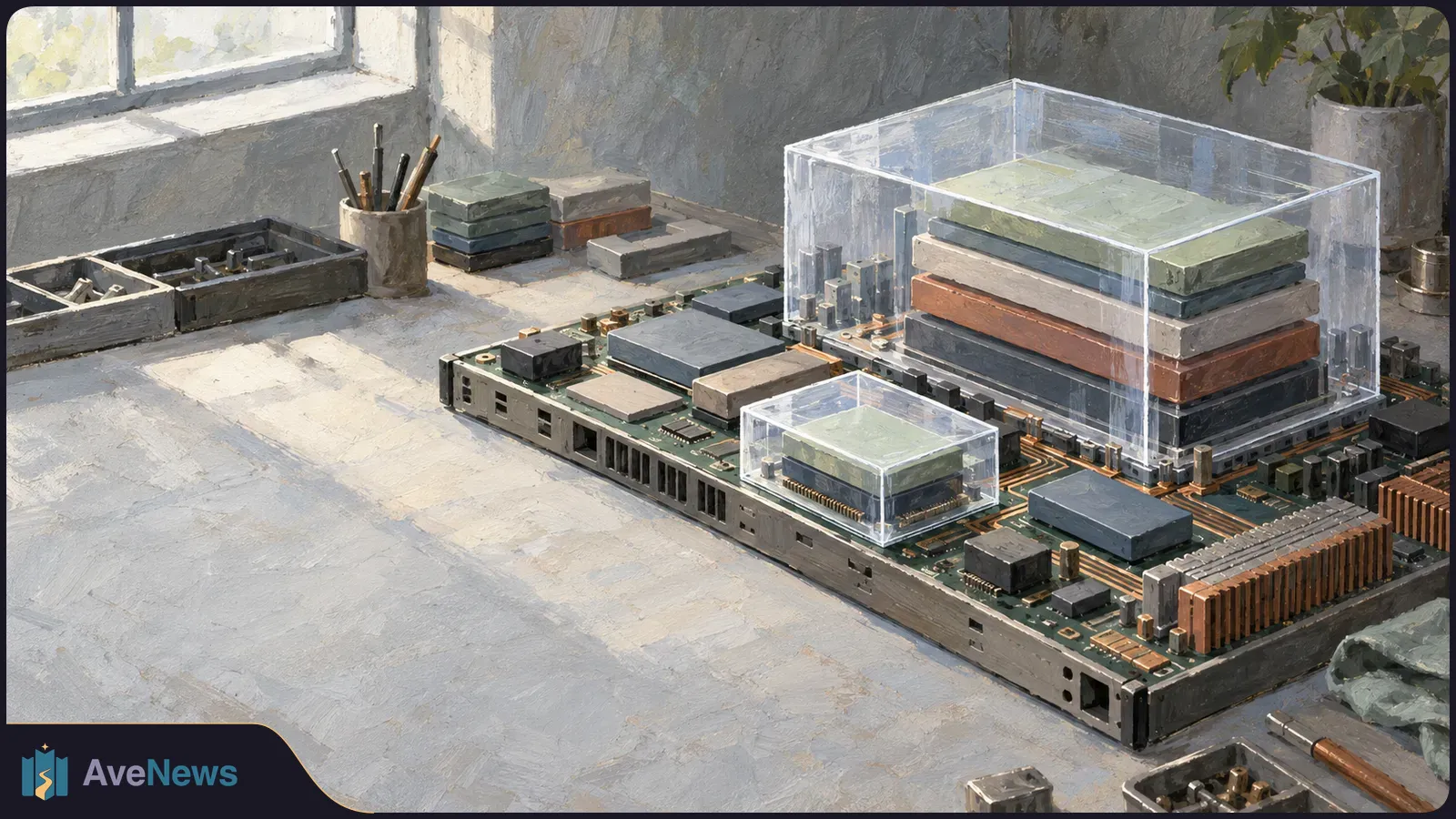Painted illustration of a circuit board on a workbench, with two groups of chips under clear rectangular covers. SI illustration