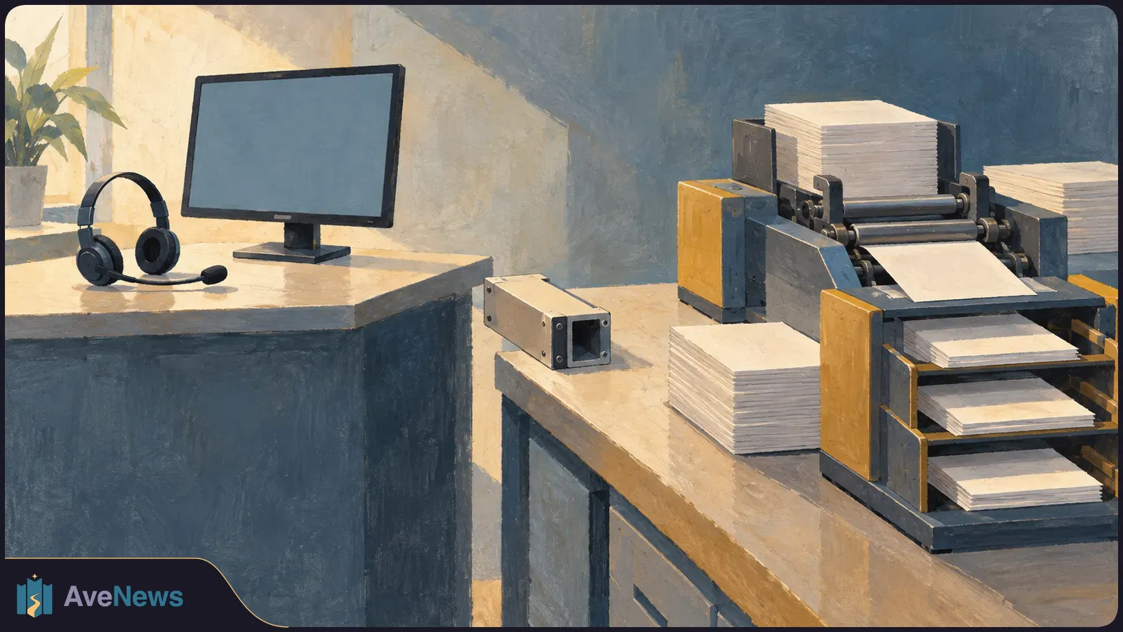 Painterly illustration of a headset and blank monitor beside a paper-feeding machine and stacks of white sheets. SI illustration
