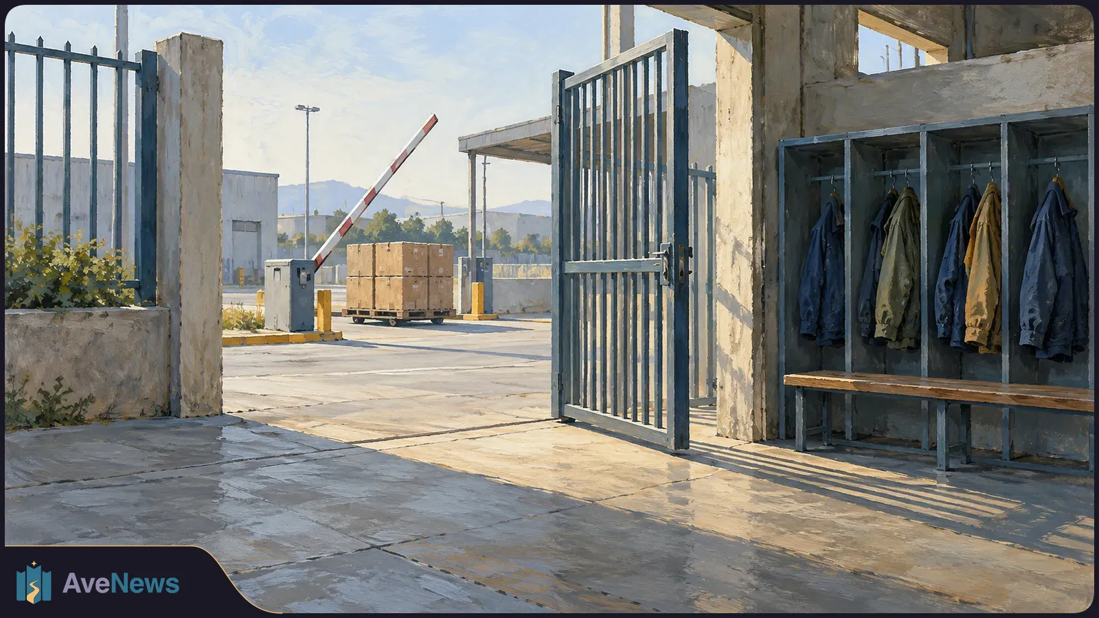 Illustration of an open metal gate at a concrete facility, with a raised barrier, stacked cardboard boxes beyond it, and coats hanging beside a bench. SI illustration