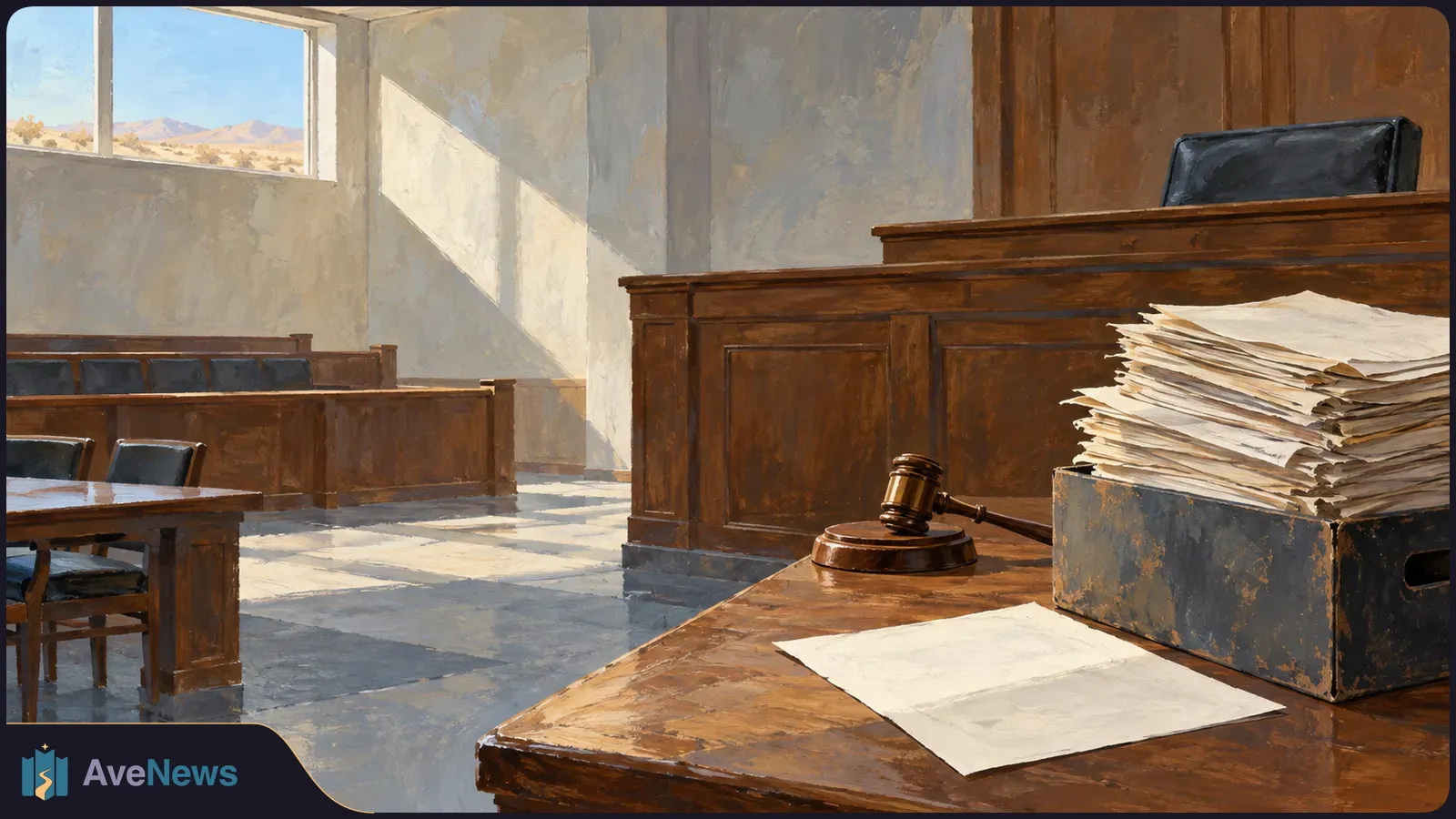 Painted empty courtroom with wooden benches and a judge’s desk. A gavel, a blank sheet and a box of stacked papers sit in the foreground. SI illustration