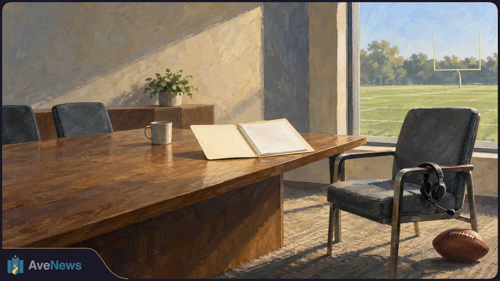 A painted office scene with a blank open folder on a wooden table, a headset on an empty chair, a football on the floor, and a football field visible through the window. SI illustration