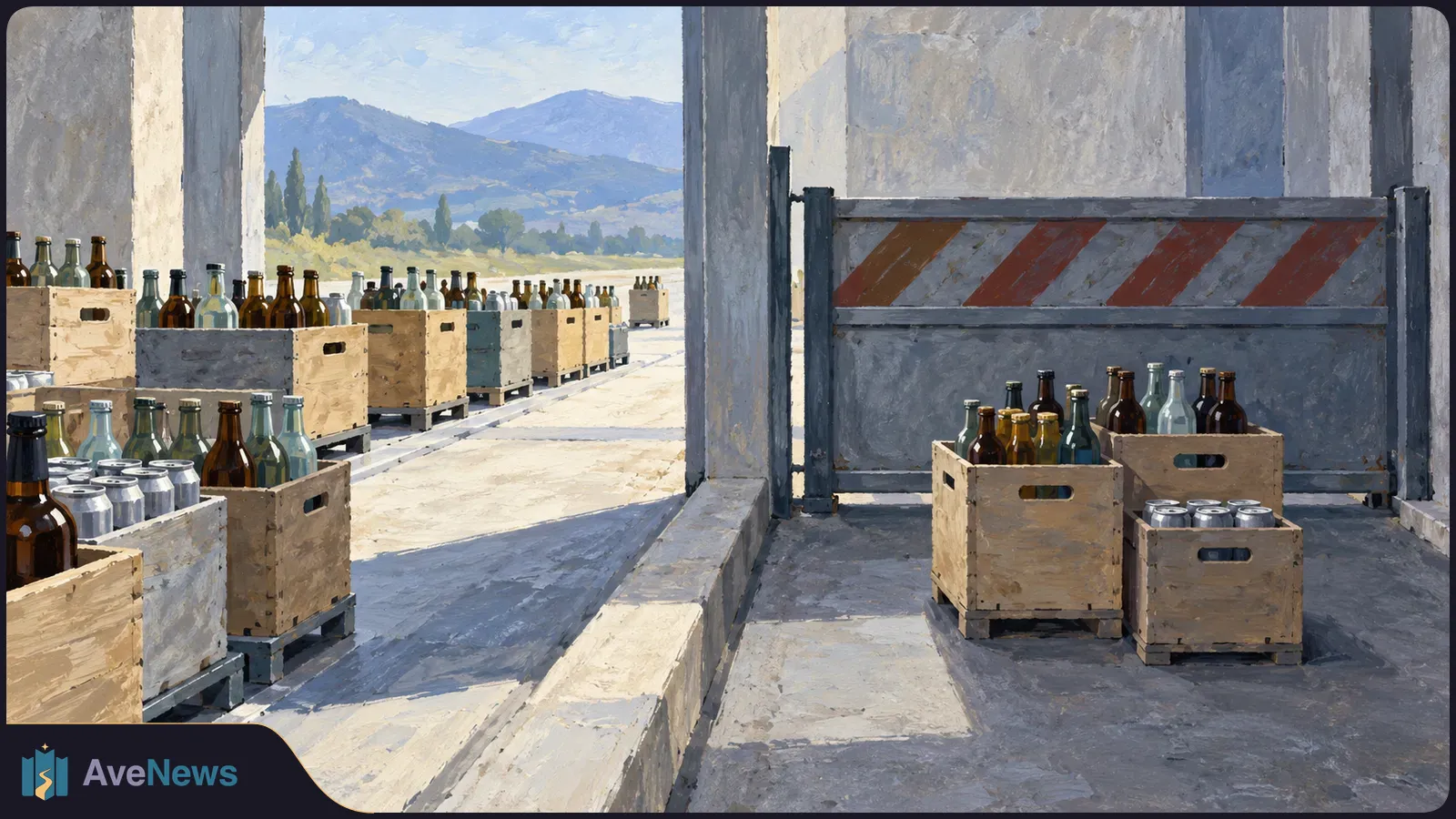 Painted scene of wooden crates filled with bottles and cans beside a striped barrier at a loading area, with hills in the distance. SI illustration