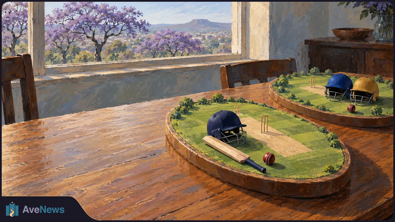 Two miniature cricket grounds sit apart on a wooden table: one has a navy helmet, bat and ball; the other has blue and gold helmets. Purple-flowering trees appear beyond the window. SI illustration
