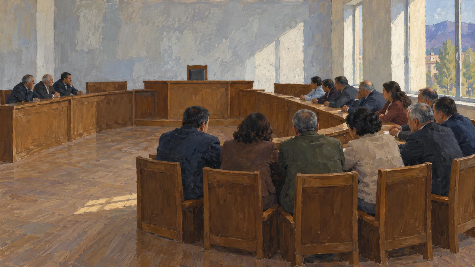A painting of people seated around wooden desks in a sunlit chamber, facing an empty raised chair. SI illustration