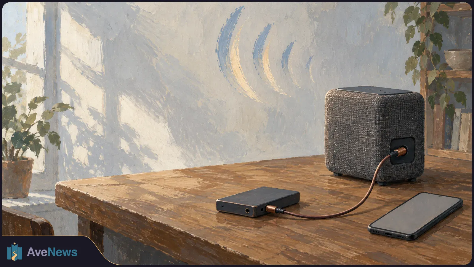 Painted illustration of a fabric-covered speaker connected by a cable to a small black device on a wooden table. A phone with a blank screen lies nearby, with curved waves above the speaker. SI illustration