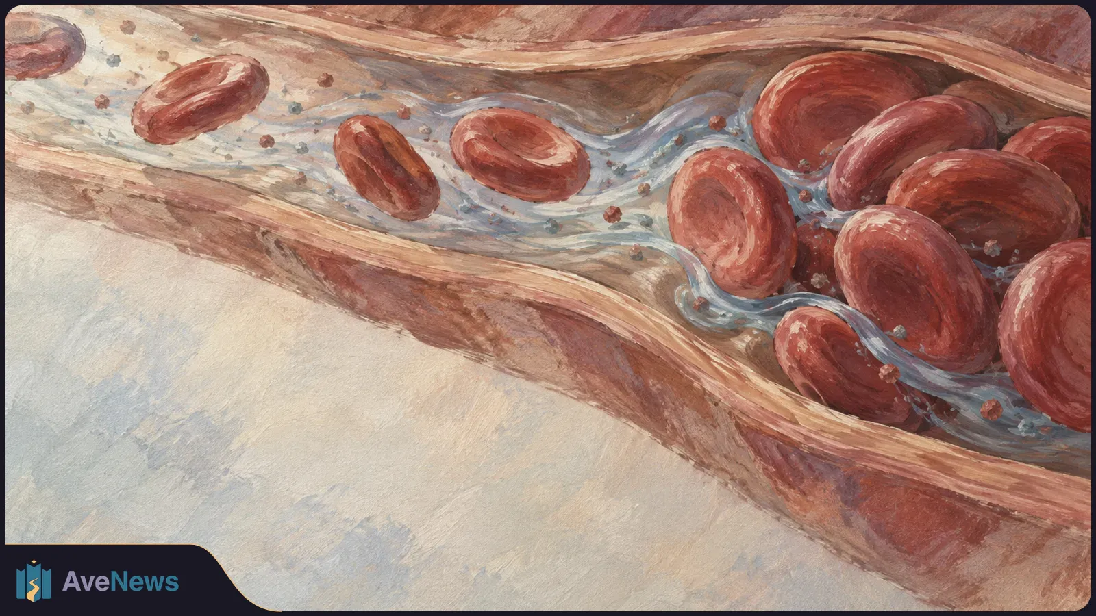 Painted view inside a blood vessel, with red blood cells clustered on the right and scattered through pale blue fluid to the left. SI illustration