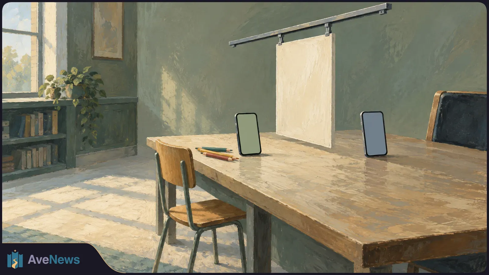 Painted sunlit room with two blank-screen phones on a wooden table, a hanging white panel between them, pencils, chairs and a bookshelf. SI illustration
