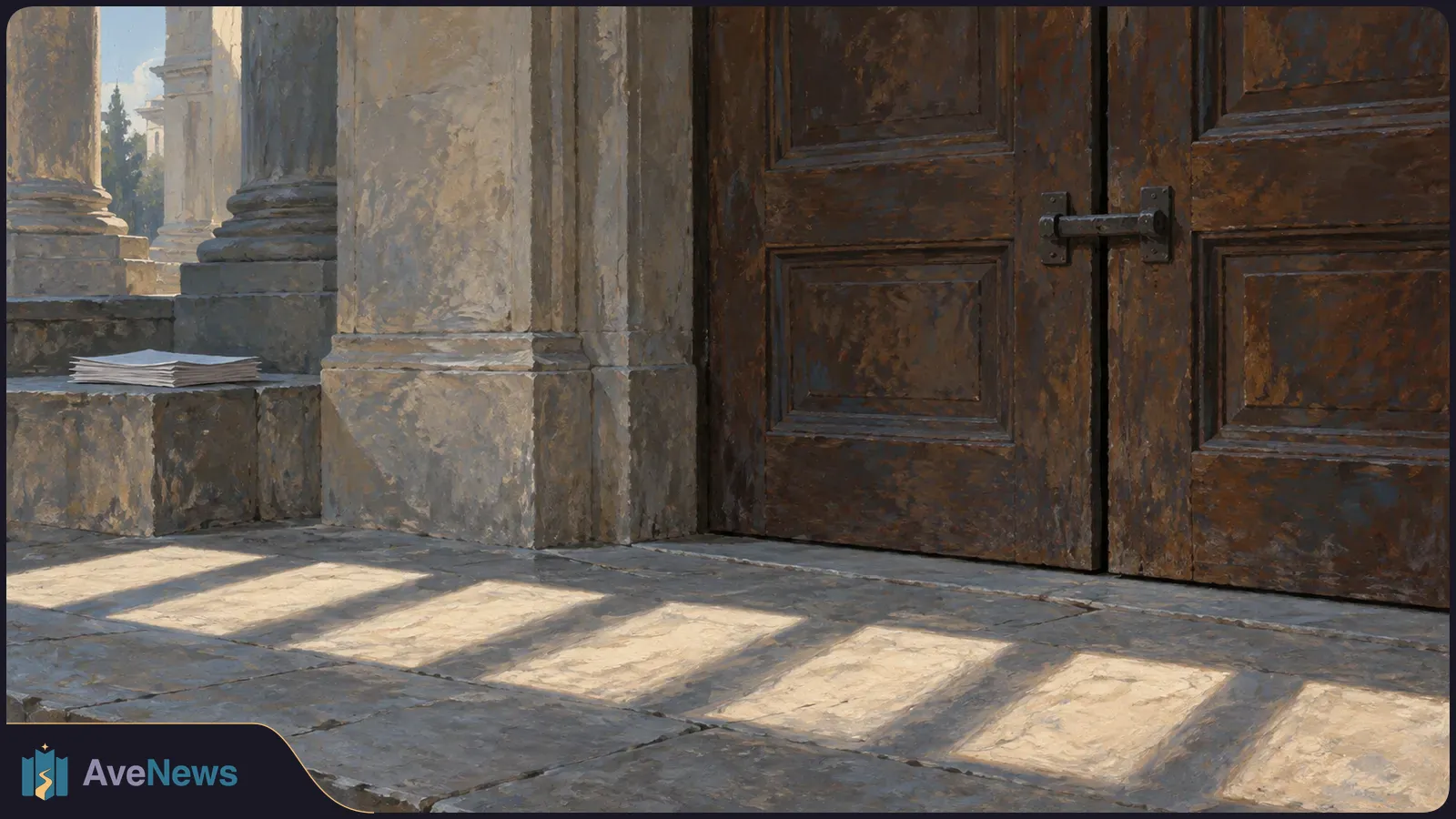 Painted stone entrance with tall columns, closed wooden double doors and a small stack of papers on a ledge; sunlight casts long shadows across the steps. SI illustration